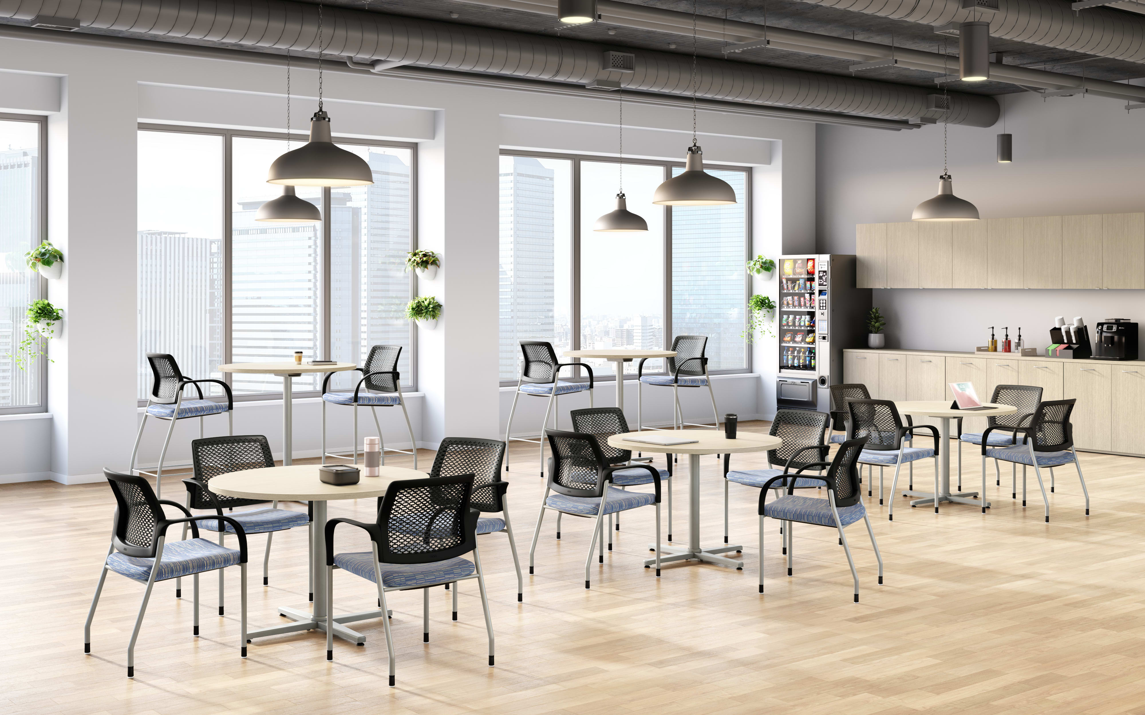 Healthcare café setting with seated and high top tables and multipurpose Ignition chairs