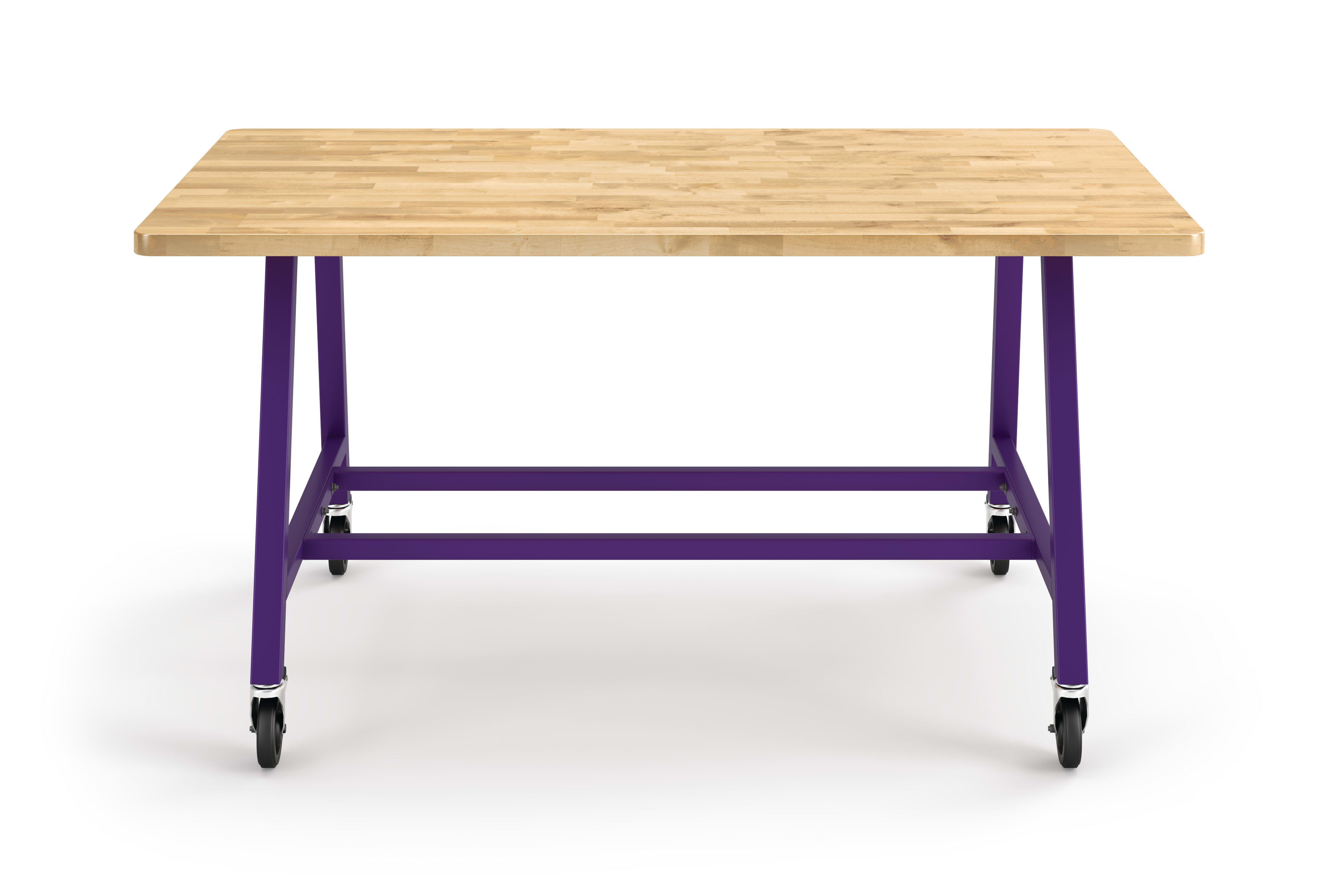 Front View of Butcher Block Counter-Height Build Table with Purple Legs