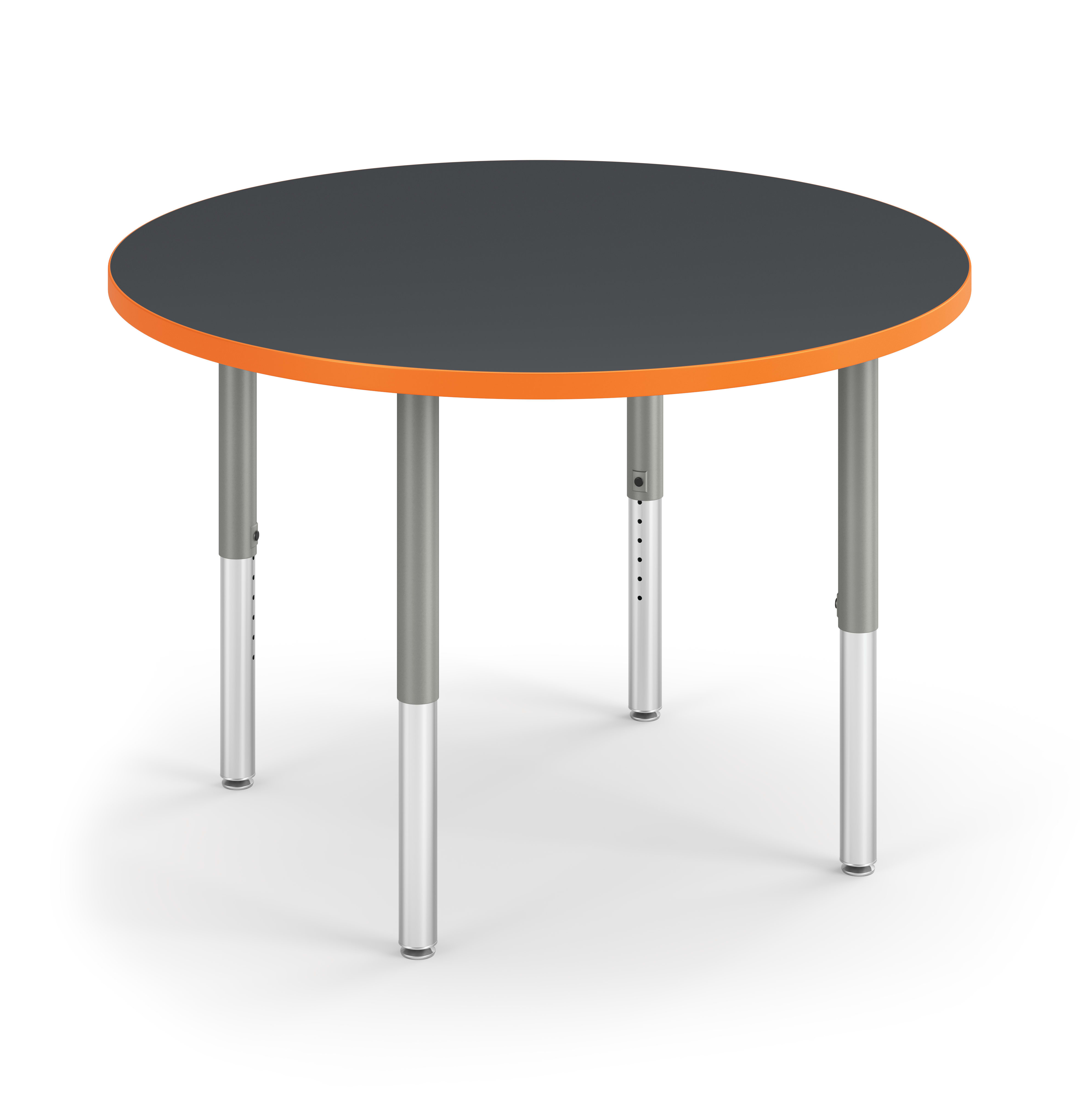 Right 3/4 View of Charcoal Round Build Table with Orange Edge Band