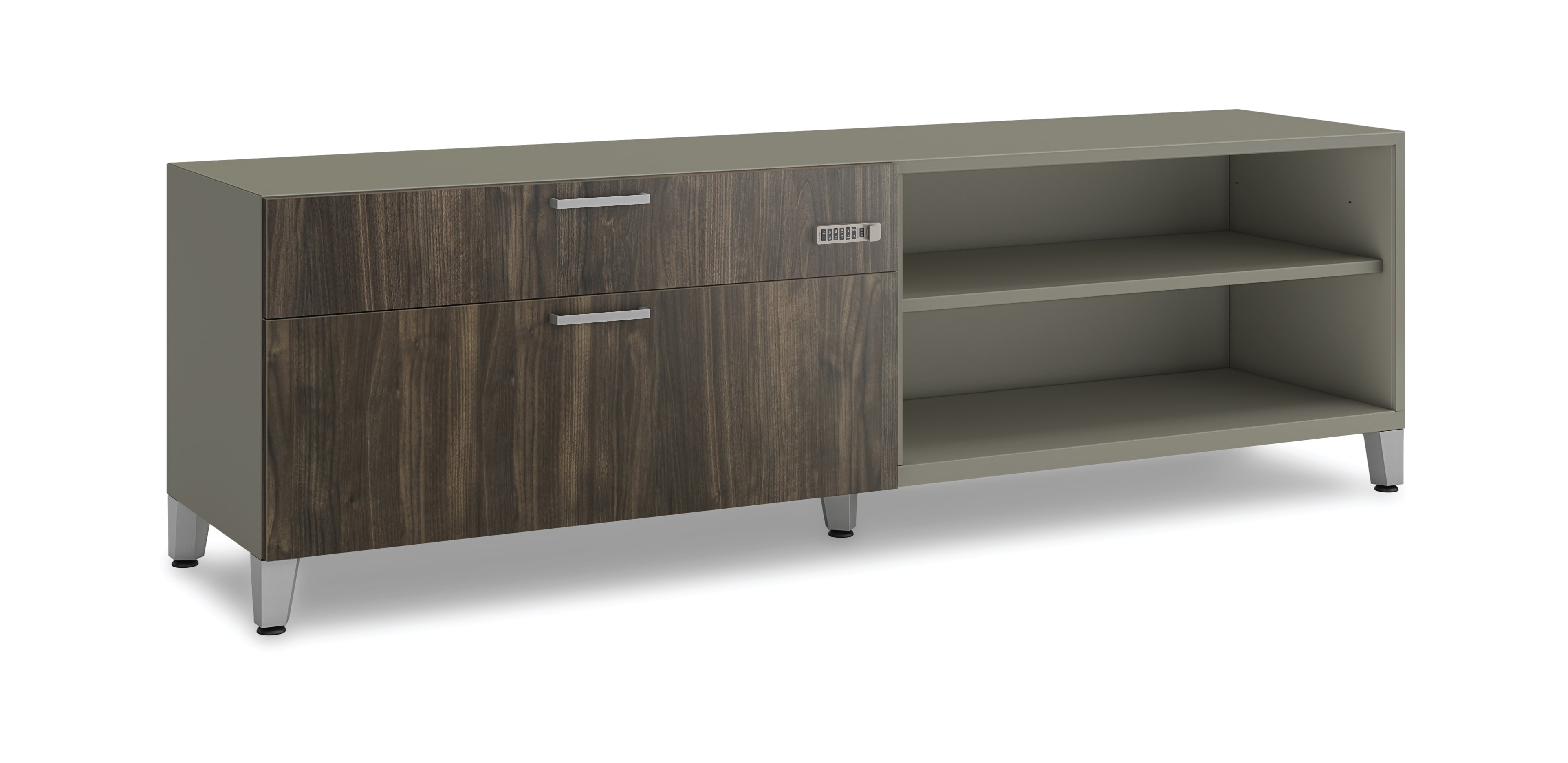 Contain credenza with woodgrain laminate drawer fronts on a white background