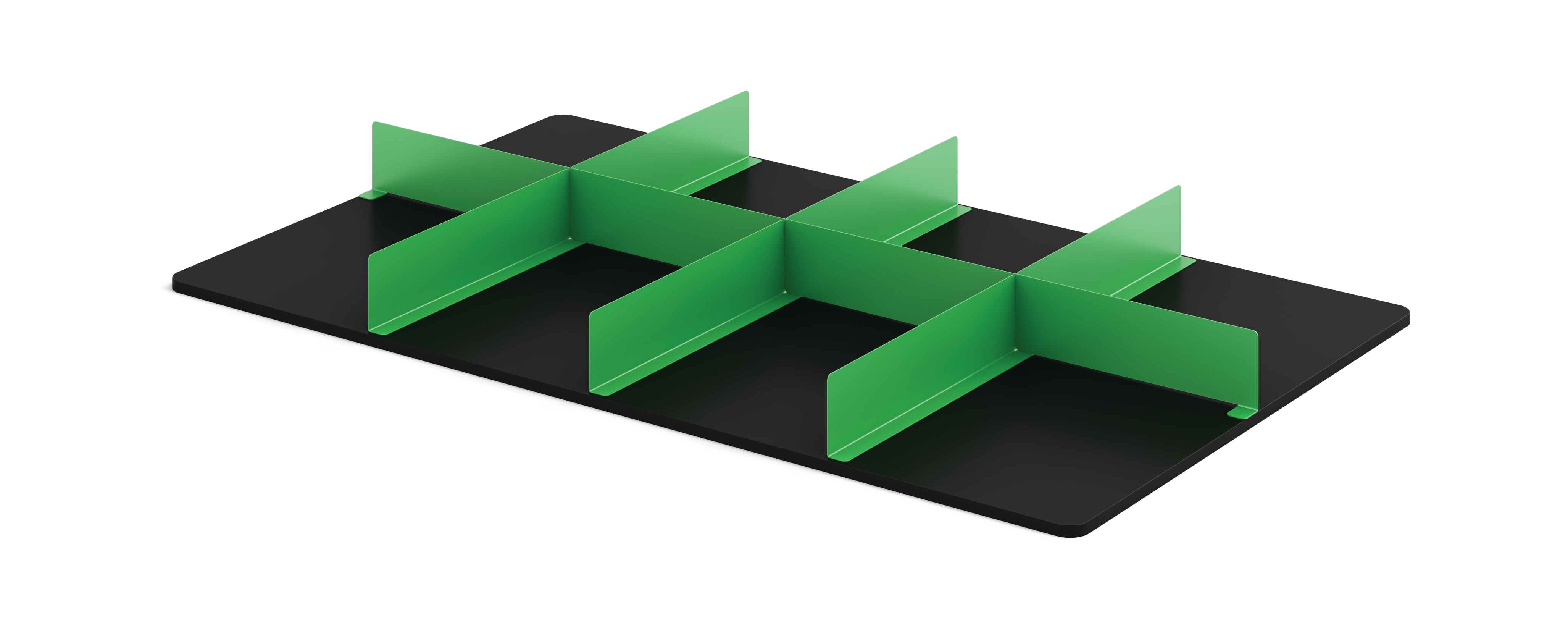 Left 3/4 View of Black Makerspace Table Shelf with Green Shelf Dividers