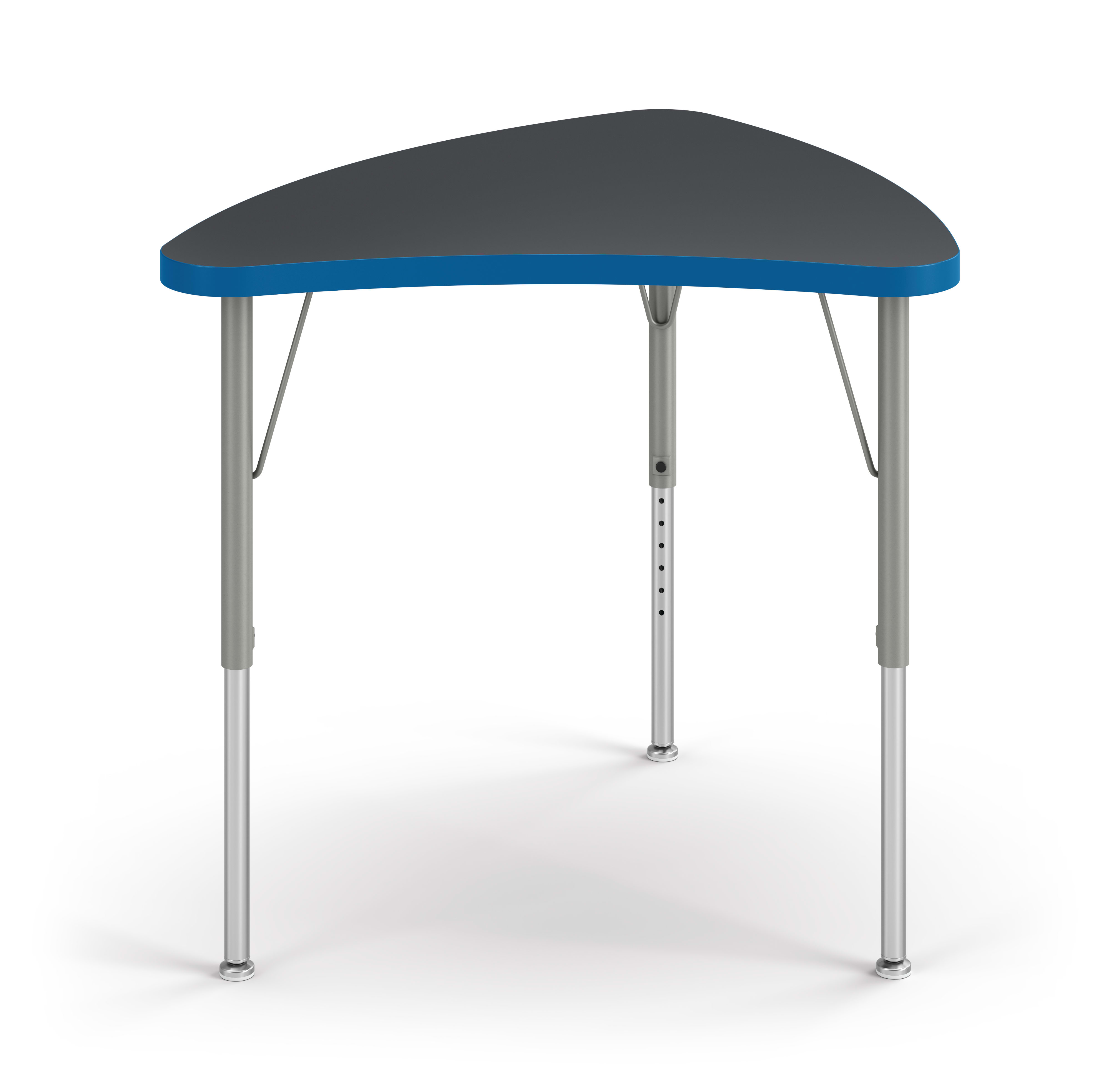 Front View of Charcoal Crescent Build Student Desk with Blue Edge Band.