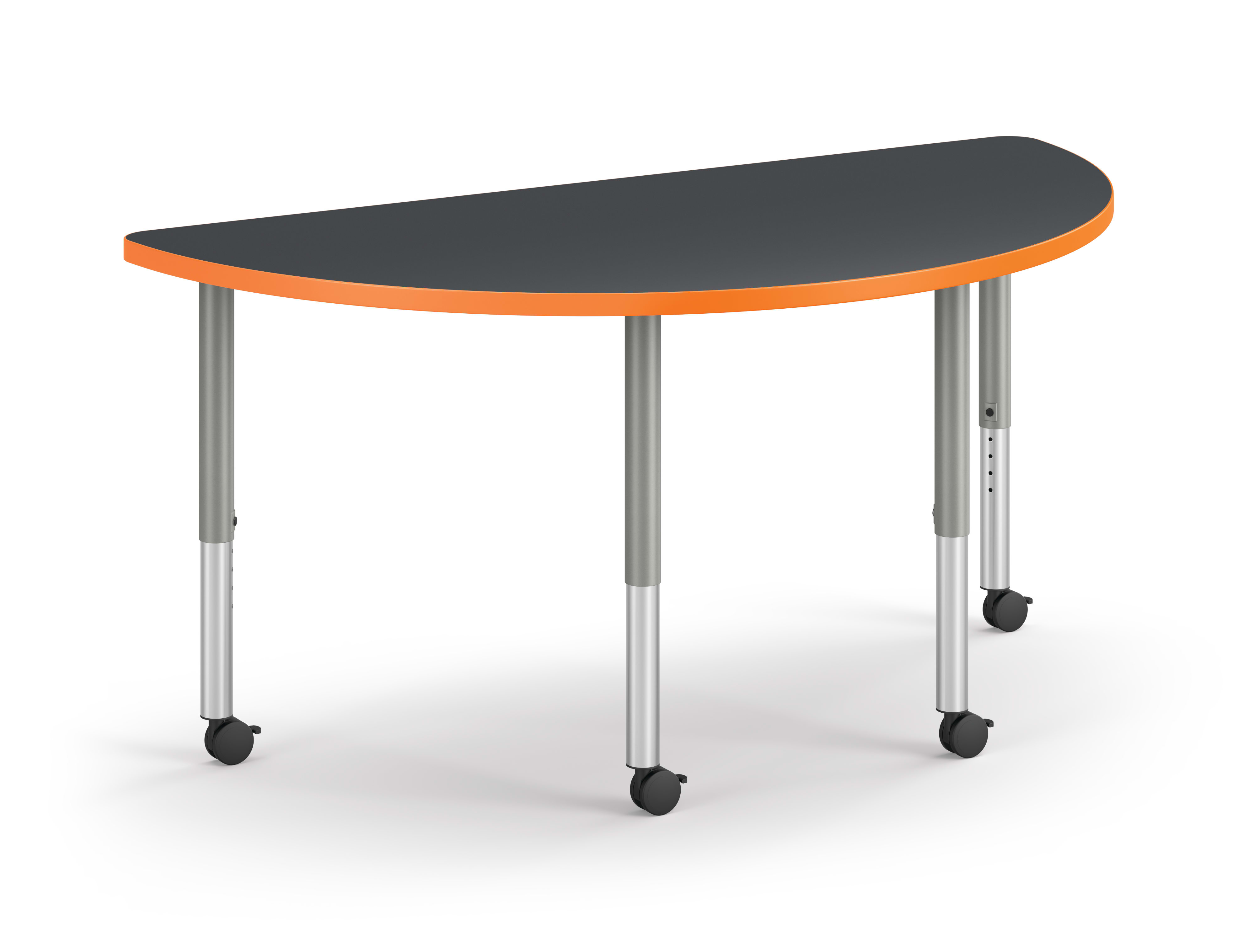 Right 3/4 View of Charcoal Half Round Build Table with Orange Edge Band