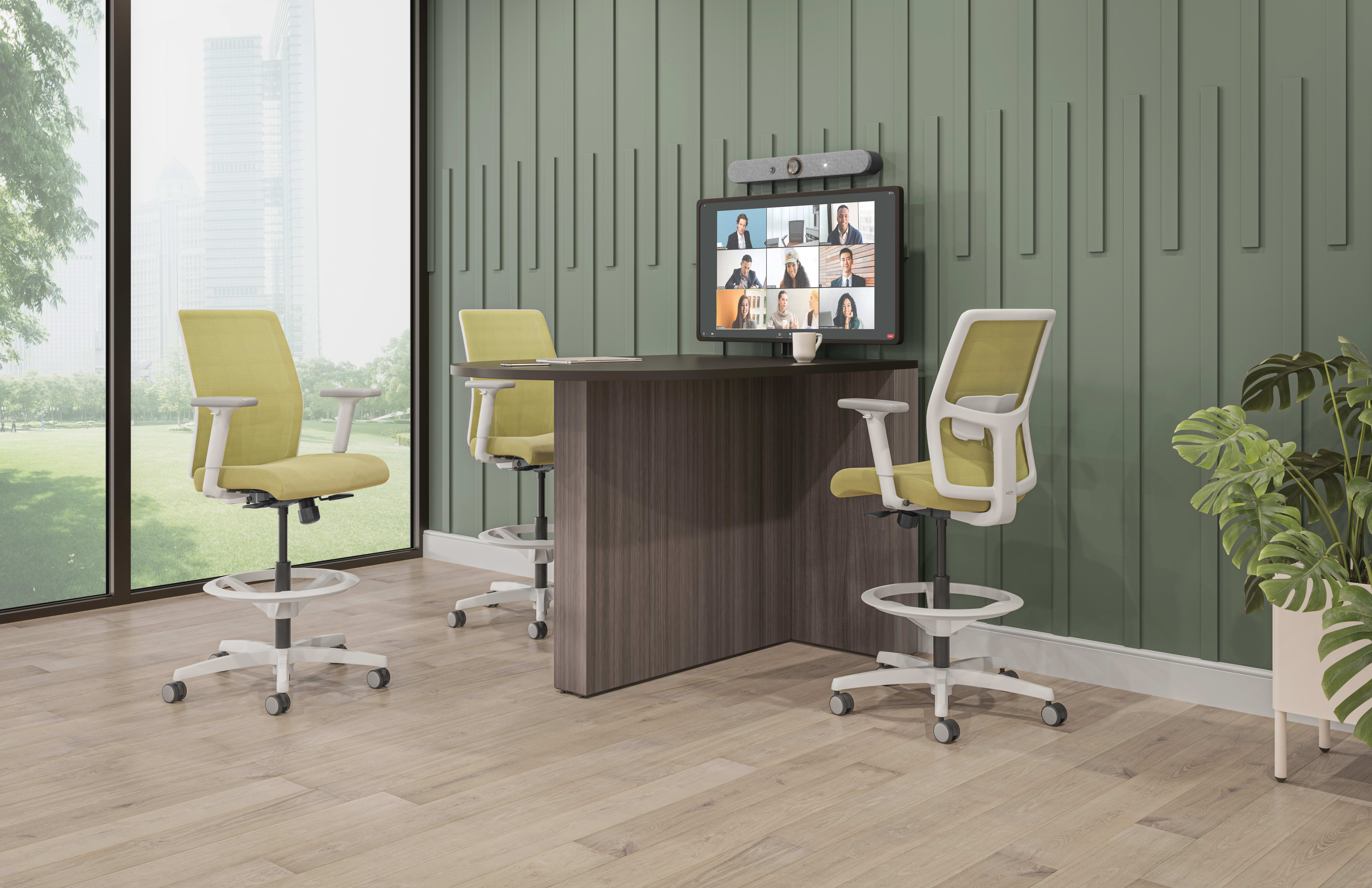 Preside standing team touchdown table with Ignition 2.0 task stools.