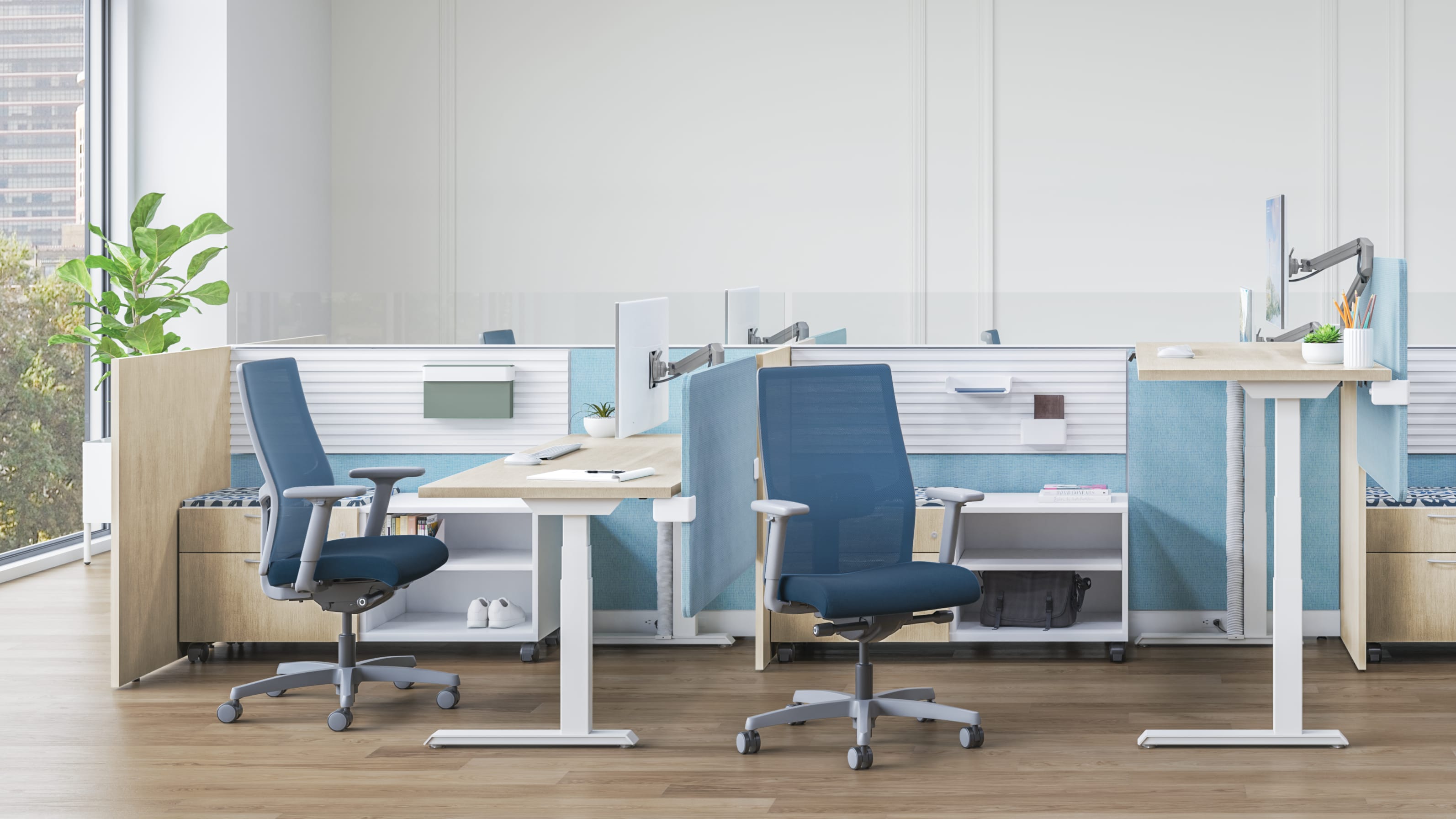 Abound cubicles with gallery panels and Contain credenzas.