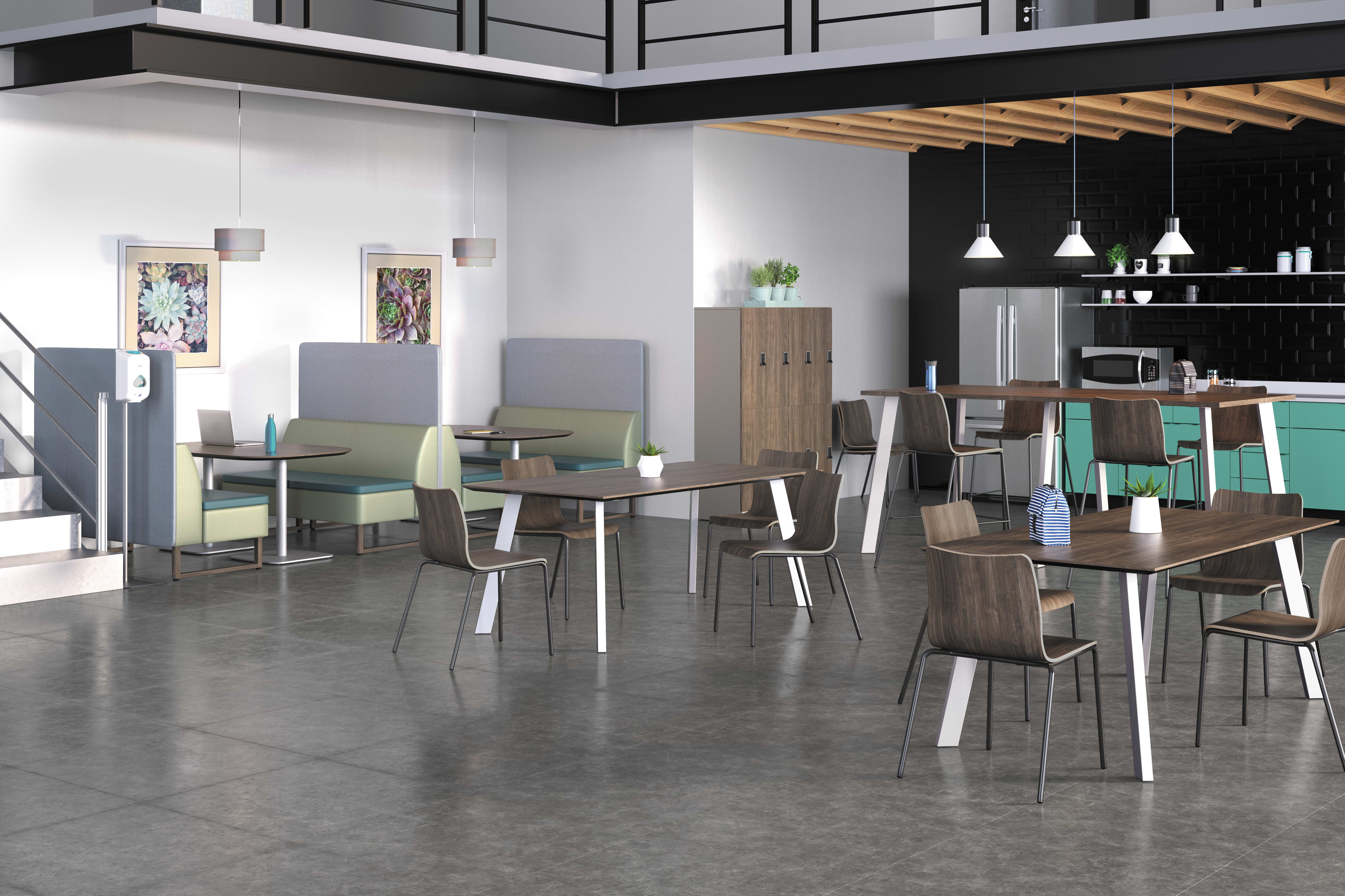 A modern and minimalist dining area with a mix of wooden and metal furniture, including a long table, chairs, and a kitchen area with shelves and appliances in the background.