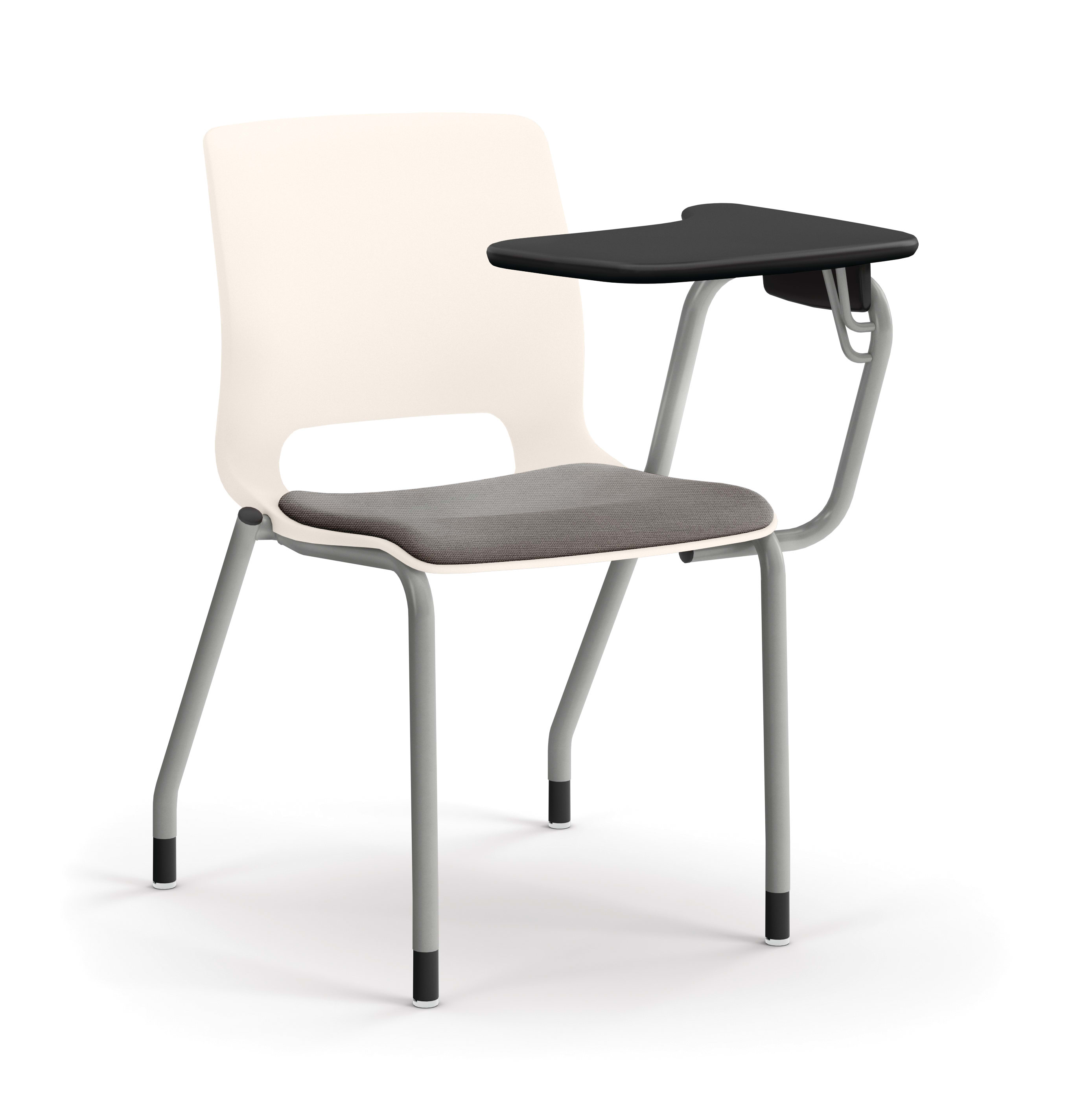 Modern classroom chair with attached writing tablet, metal frame, and cushioned seat.