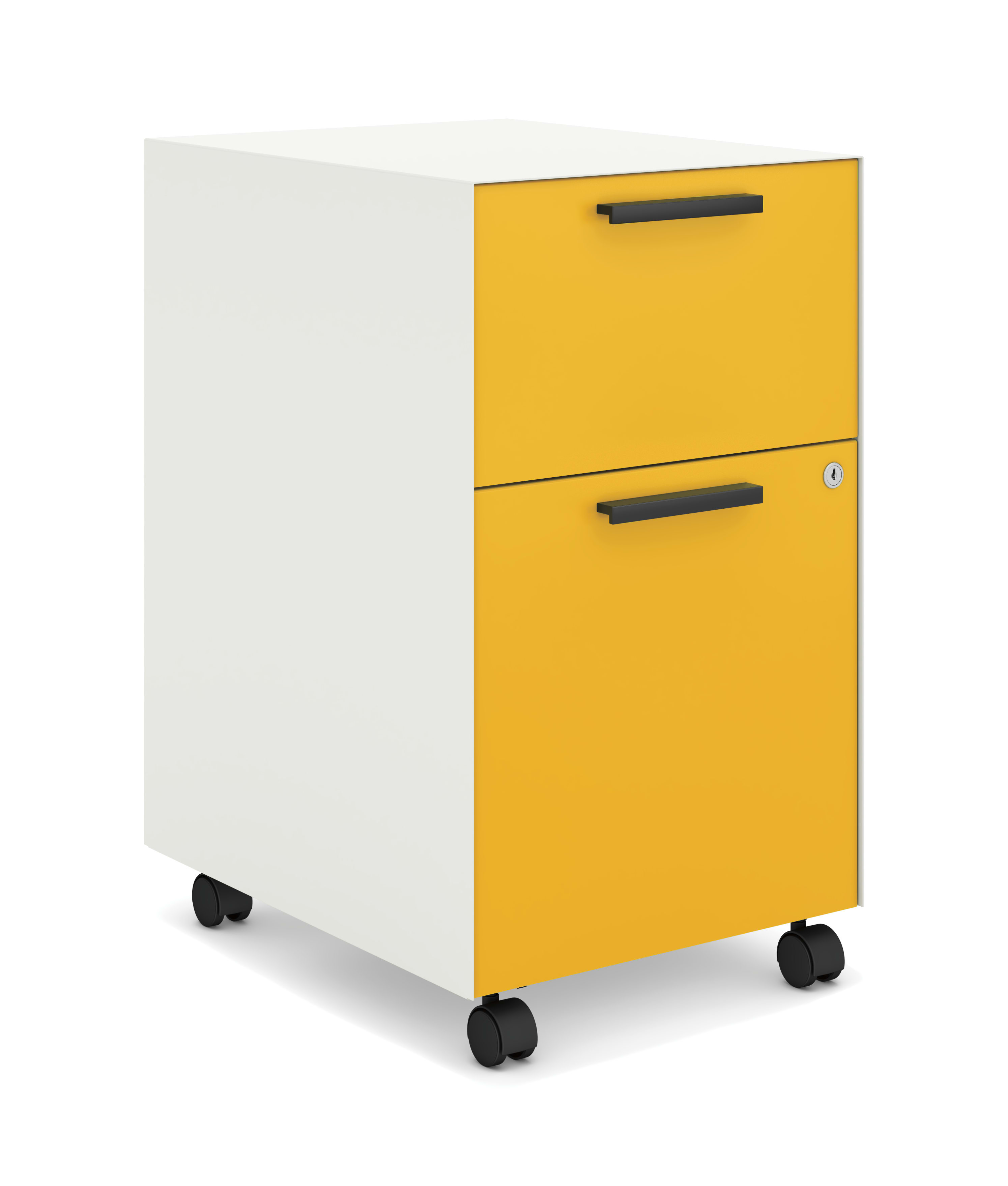 A white and yellow mobile filing cabinet with two drawers and casters on the bottom.