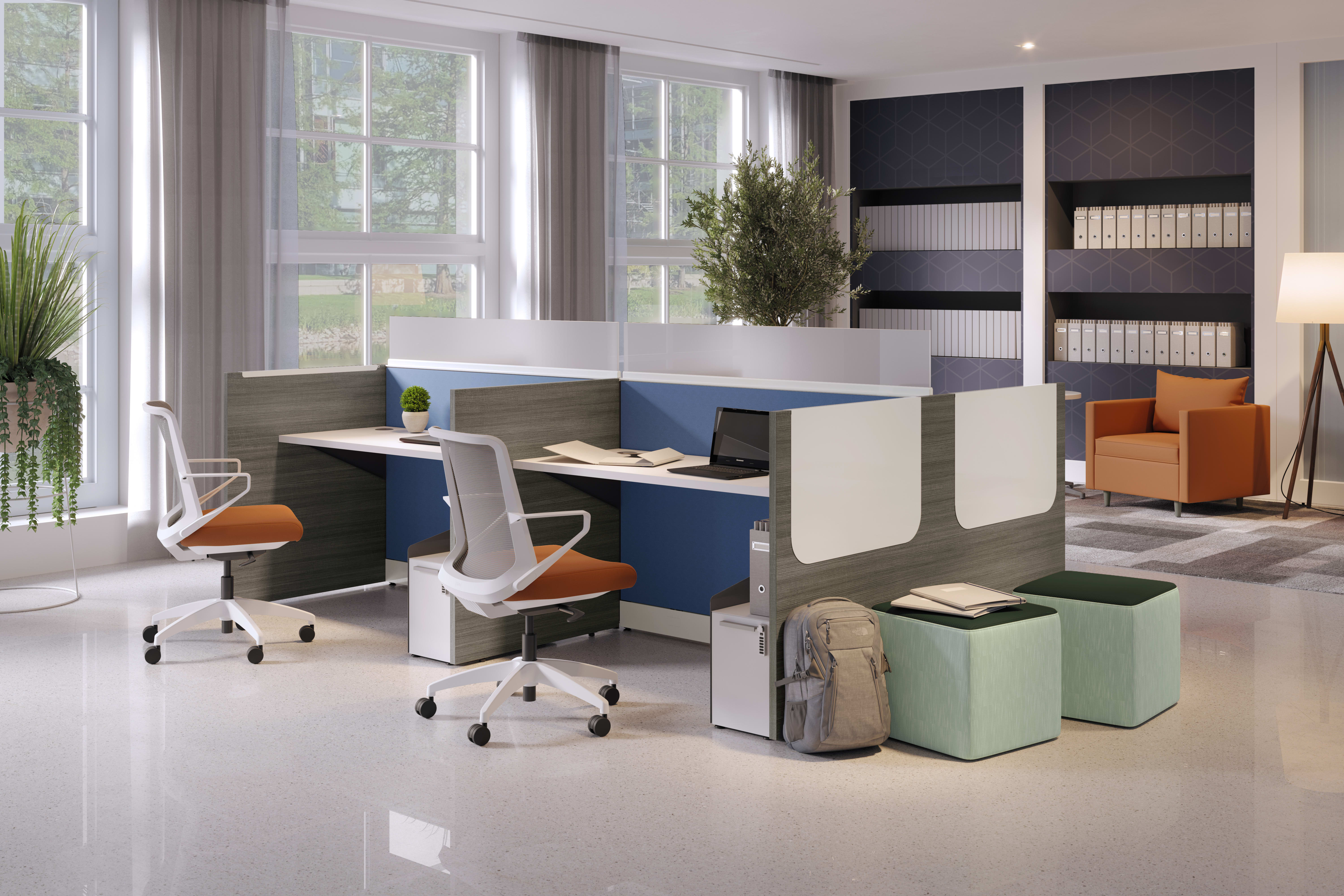 Accelerate Workstations featuring Gallery Panels and a whiteboard accessory for impromptu meetings.