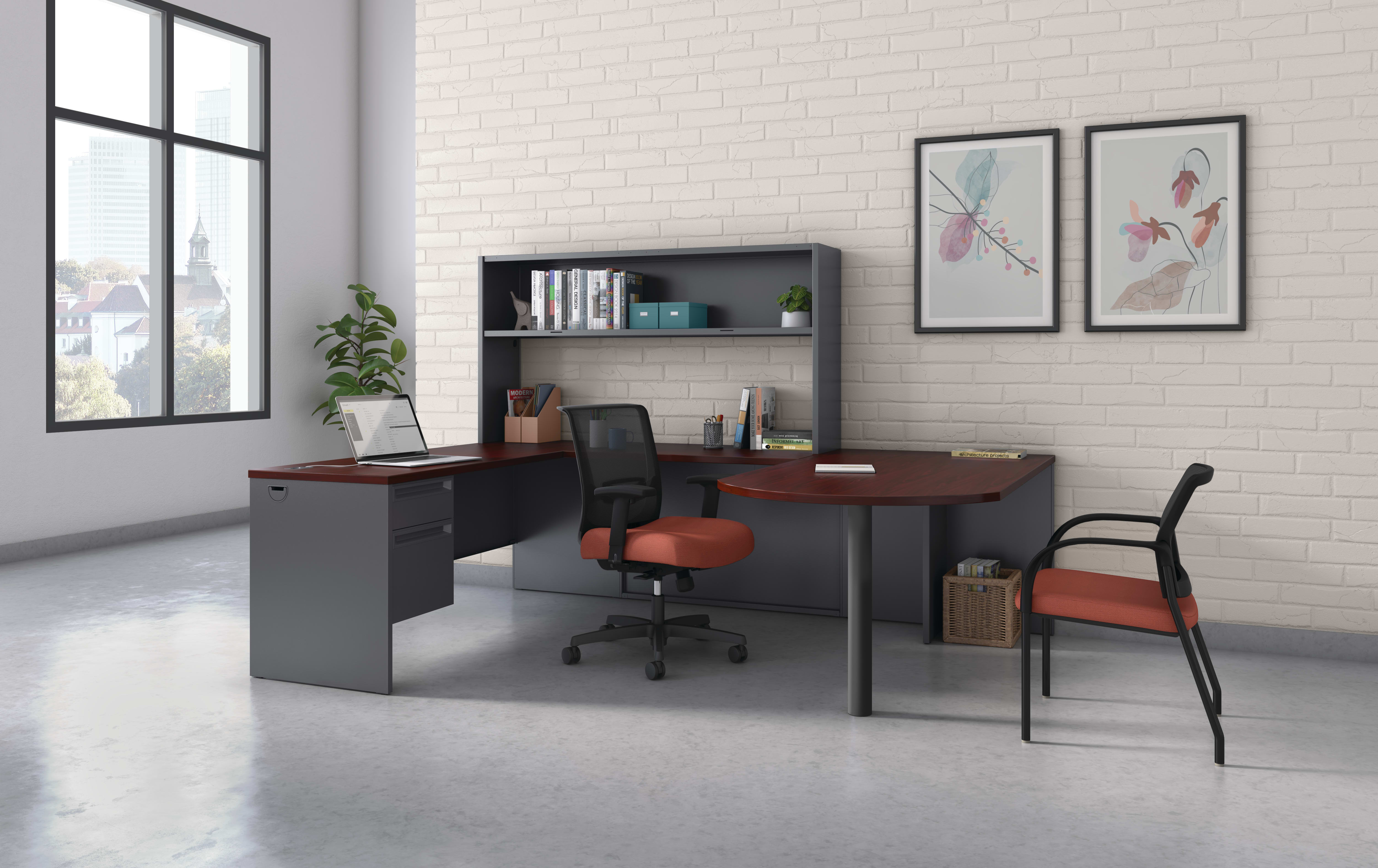 A modern and minimalist home office setup with a desk, chair, shelving unit, and decorative wall art in a bright, airy room with a large window.