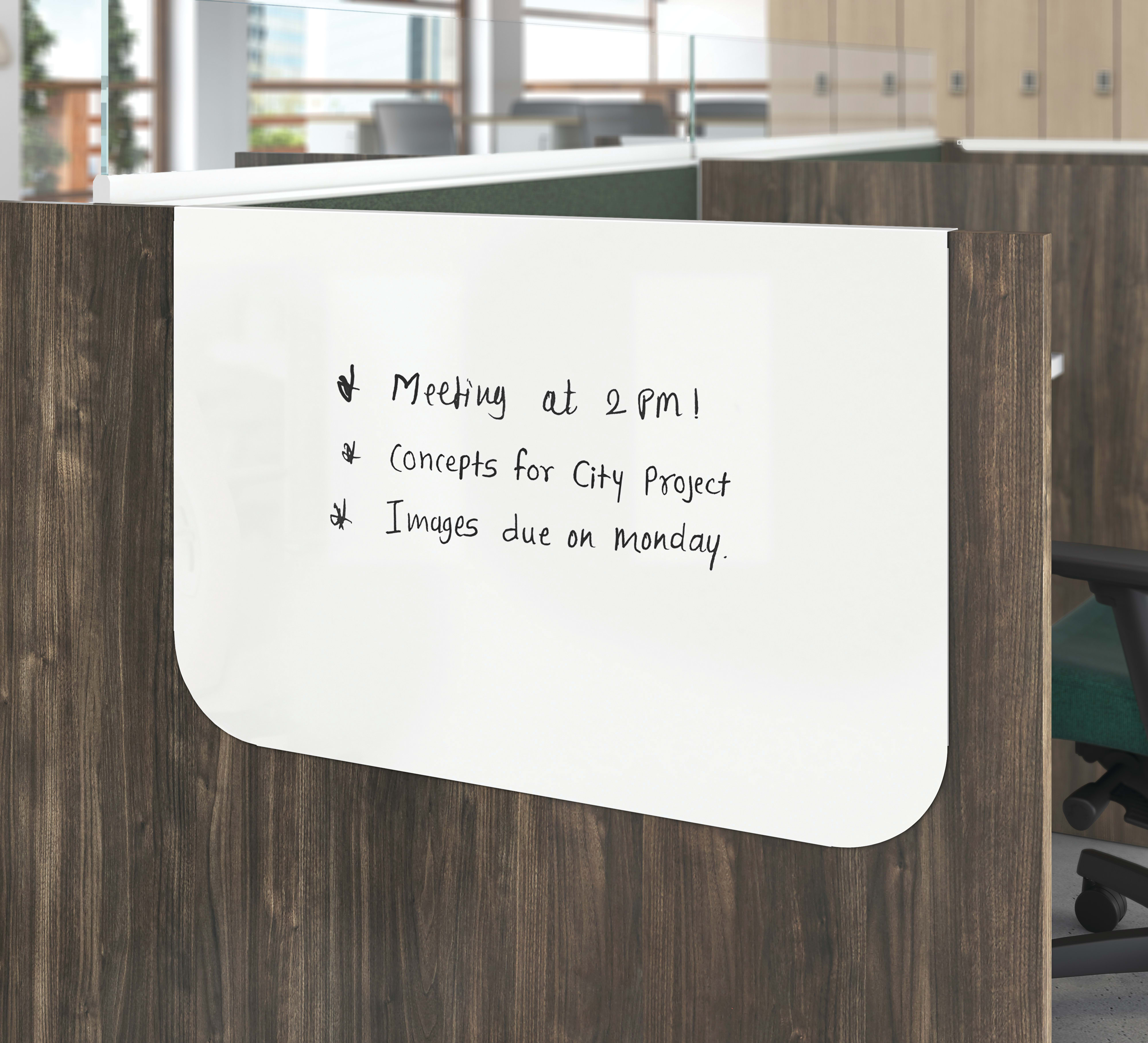 Gallery panel hanging markerboard on the end of a workstation.