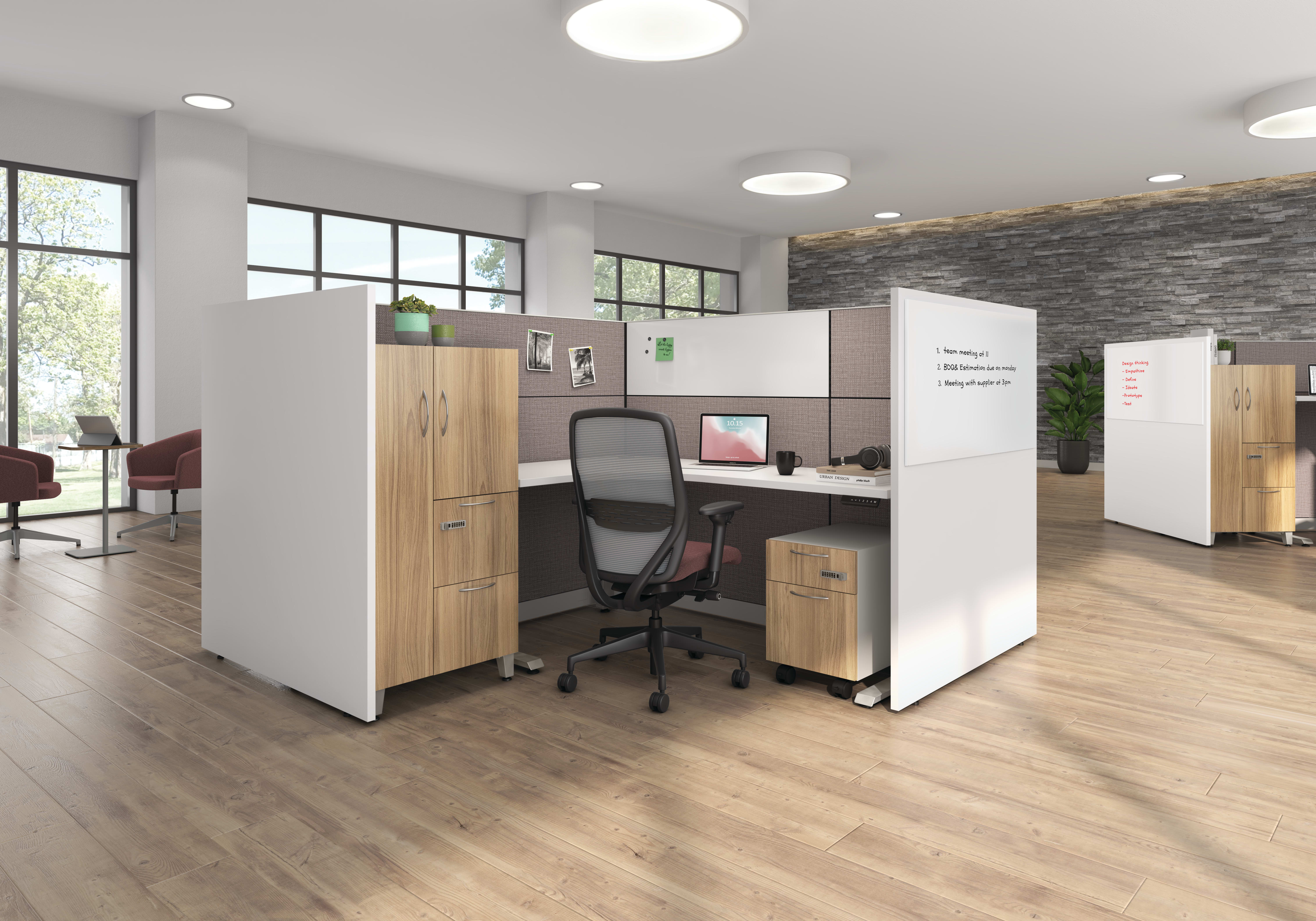 Abound workstation with Gallery Panels, and Contain storage with digital locks.