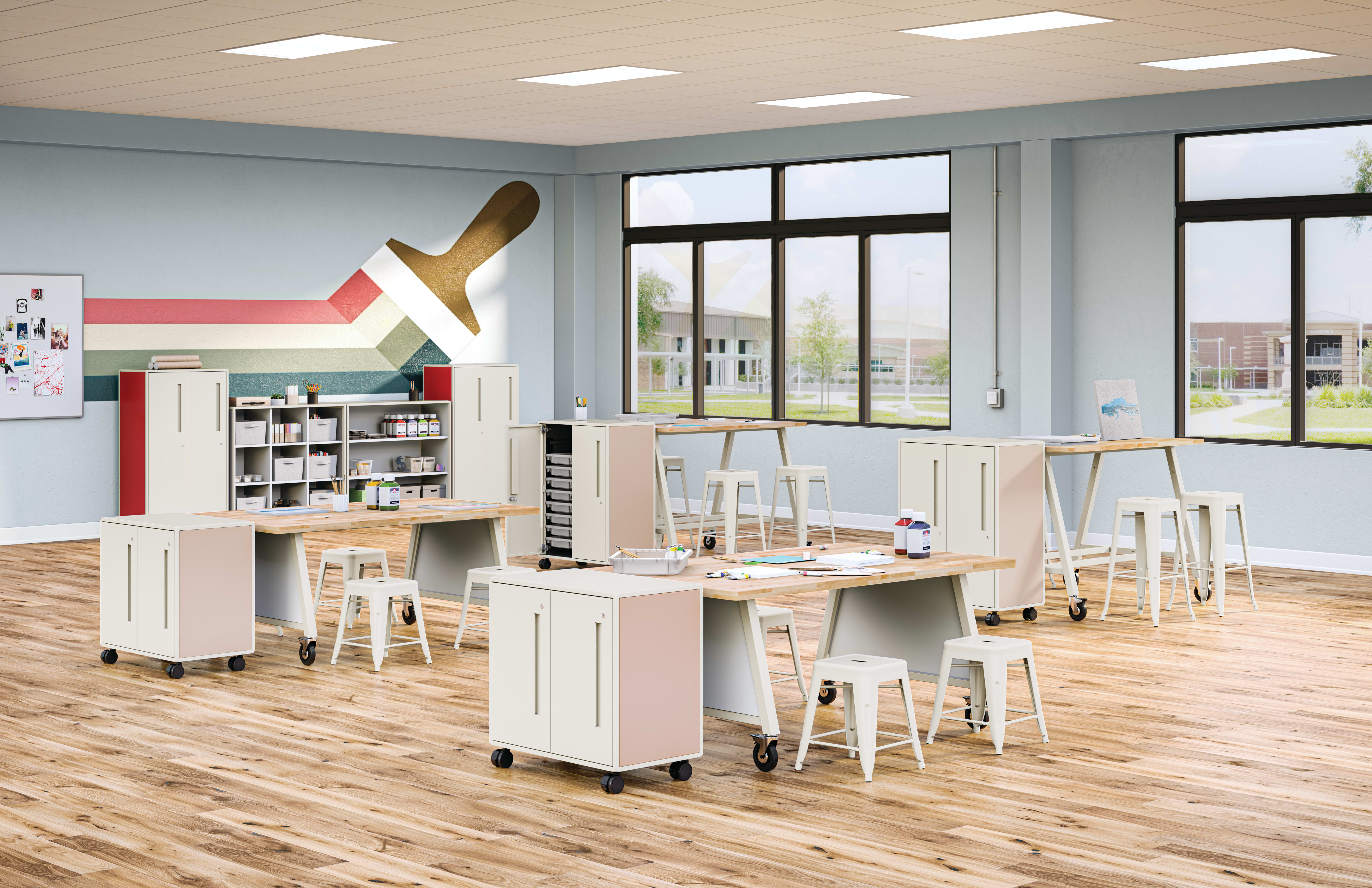 Class-ifi Storage with Build Makerspace Tables and Stools.