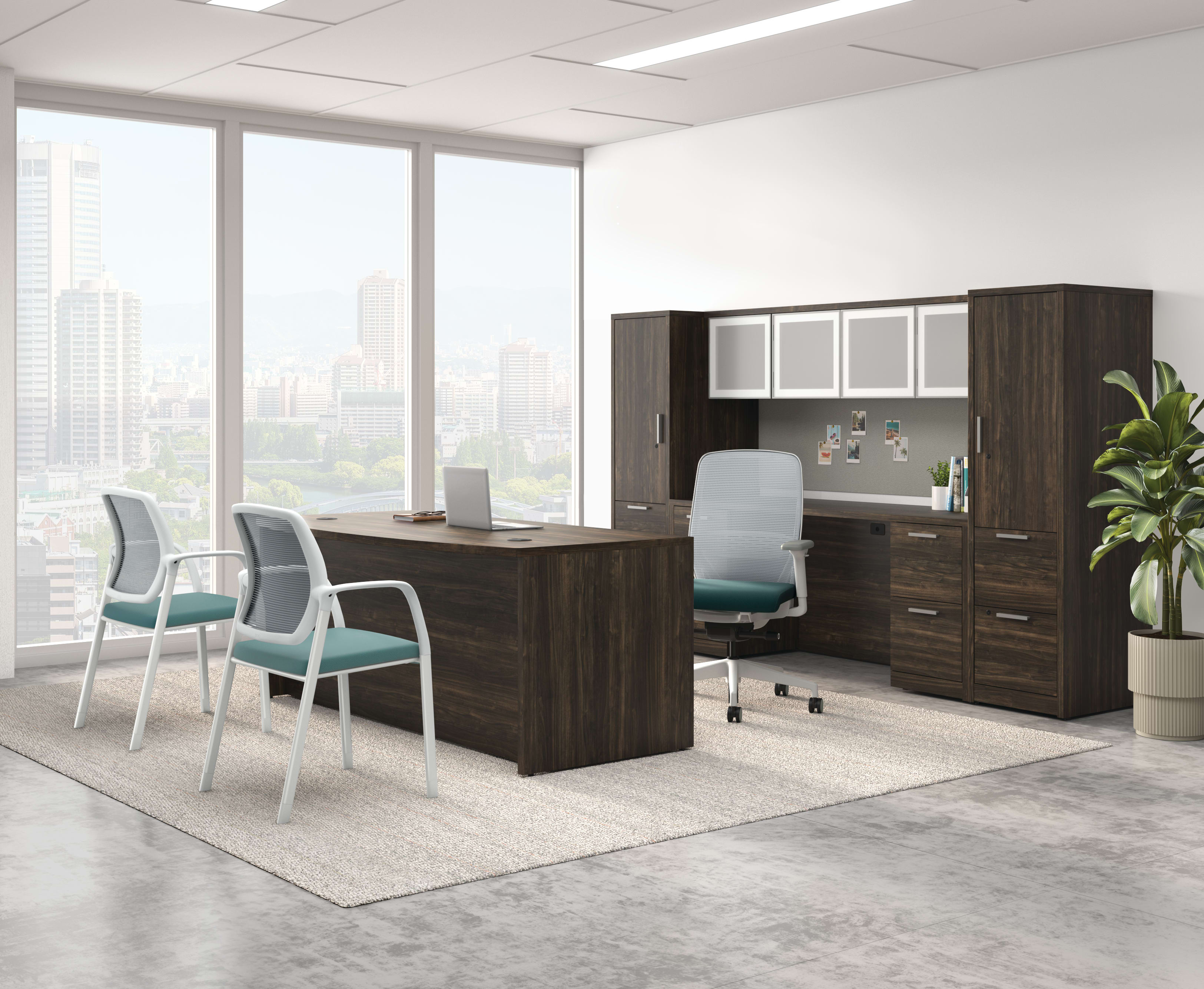 Executive office with dark wood desk, matching storage cabinets, ergonomic chair, guest chairs, and large windows overlooking city skyline.
