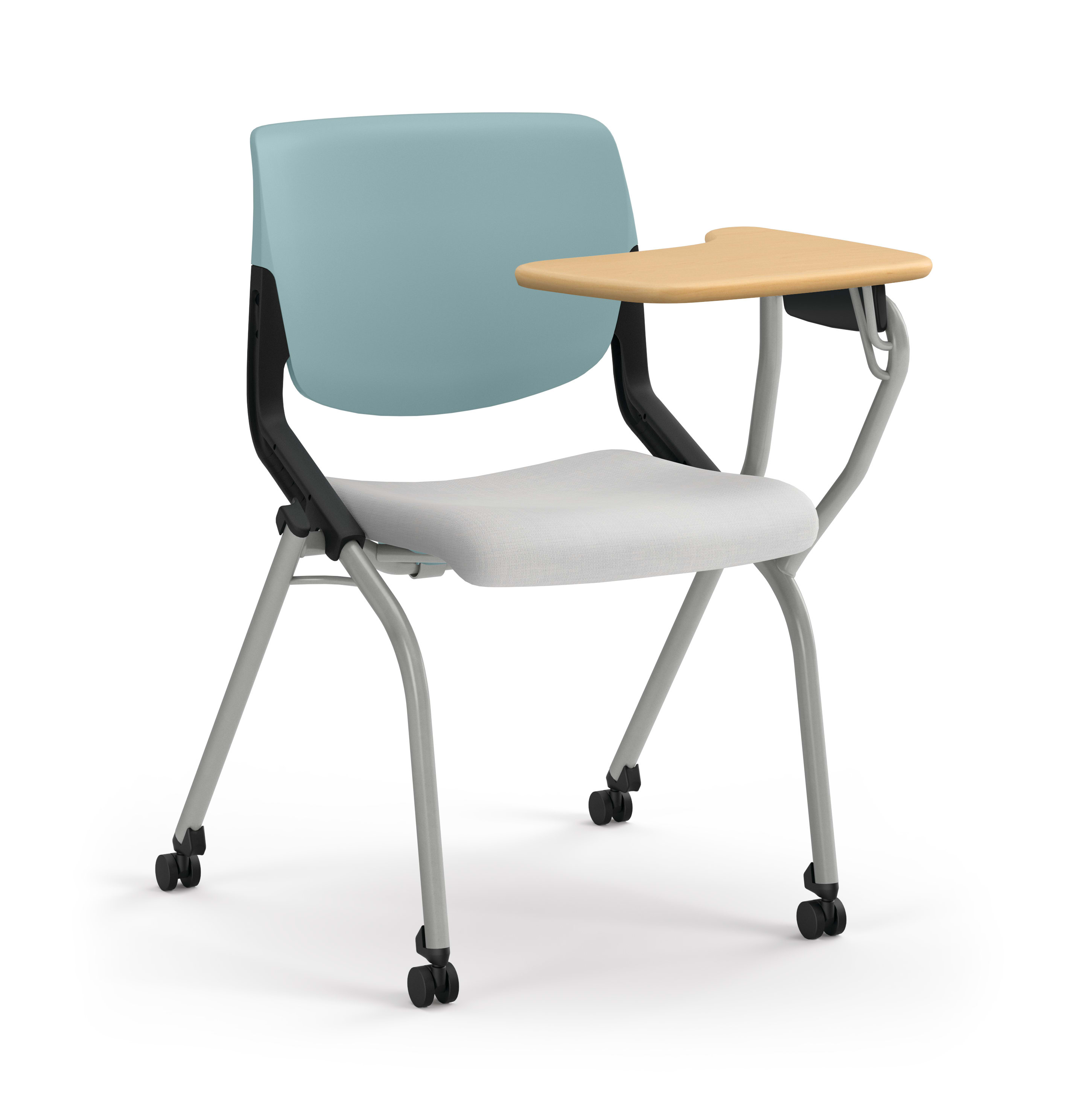 Light blue back chair with gray cushioned seat, wooden writing tablet, and caster wheels.