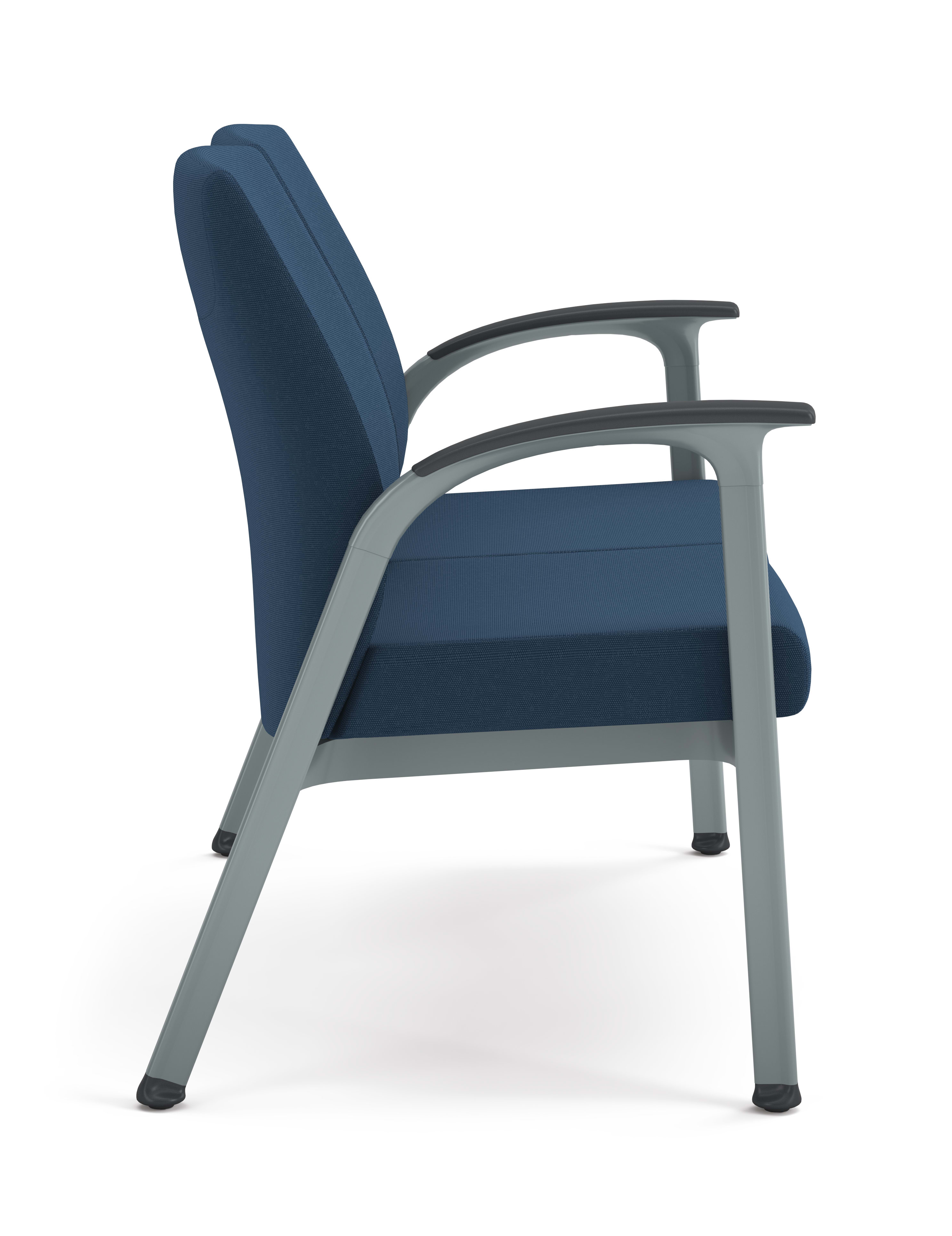 Two-seat guest chair with blue textured cushions, metal frame, and integrated armrests, designed for modern office or waiting areas.