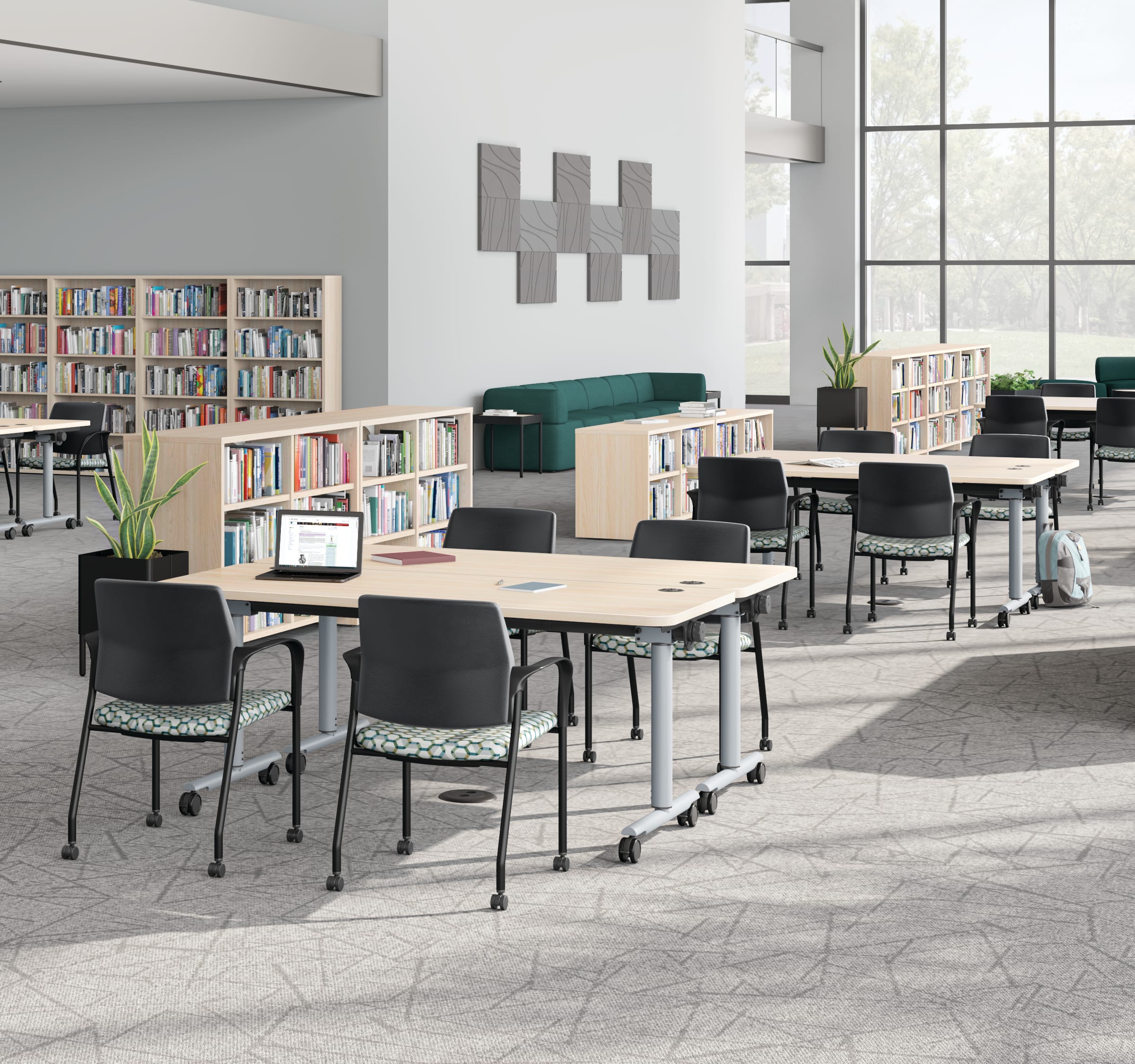Media center image featuring green SoCo units and laminate Field Trip Tables.