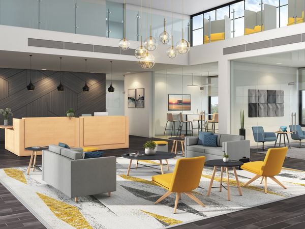 Mav 4-leg chairs, West Hill 2-Seat Lounge, HON Throw Pillows, 10500 Series Reception Station, Scramble End Tables and Coffee Tables, Ignition Task Chair. UV by HON Acoustic Matrix Wall Tiles. Astir High Back One+Seat Lounge.