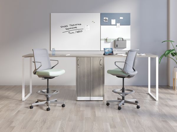 Cliq Stools with Storage Islands and Contain Storage, and Work Wall Tiles.