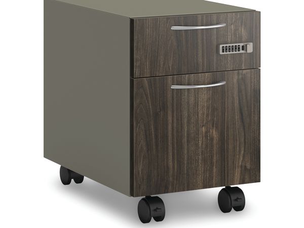 Contain pedestal with woodgrain laminate drawer fronts on a white background