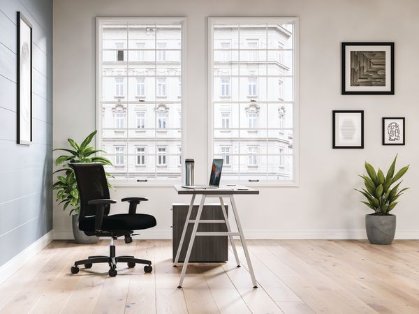 Mod Silver a-leg desk in Slate Teak laminate with Convergence task chair