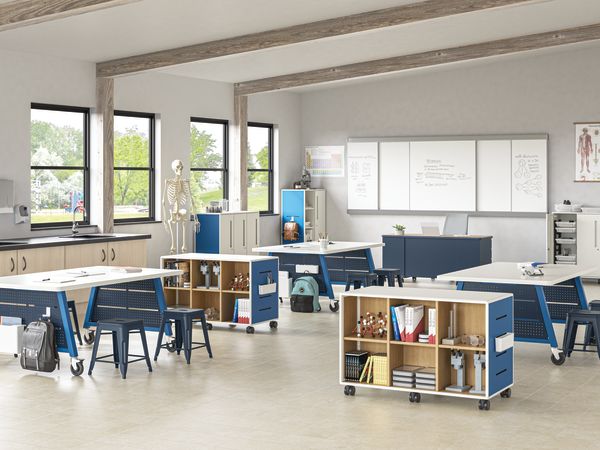 Class-ifi Storage with Build Makerspace Tables and Stools, Cipher Task Chair, and SmartLink Teacher Desk and Wall Rail System.