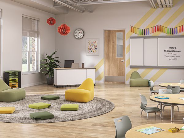 Confetti Floor Lounge and Floor Cushions with Confetti Storage Cart, Build Tables,  Cipher Task Chair, and SmartLink Teacher Desk, Chairs, and Wall Rail System.