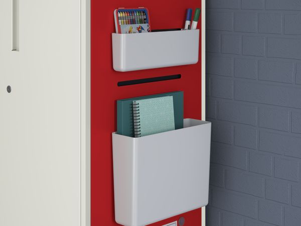 Class-ifi teacher command station showing slotted end panel with Fuse accessories holding markers and notebooks.