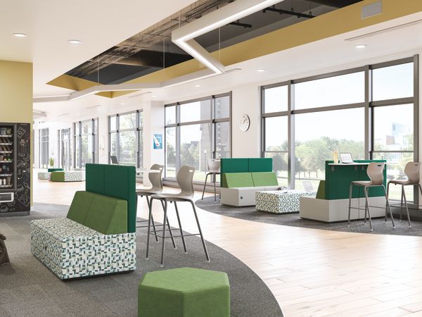 Tangram Bistro-backs with Tangram pouf and ottomans, and SmartLink stools.