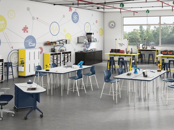 SmartLink and Build Seating with Build Tables, SmartLink Teacher Desk, Nucleus Seating and Class-ifi Storage.
