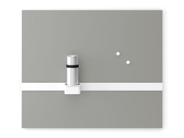 Workwall metal tile and tool rail with cup holder attached.