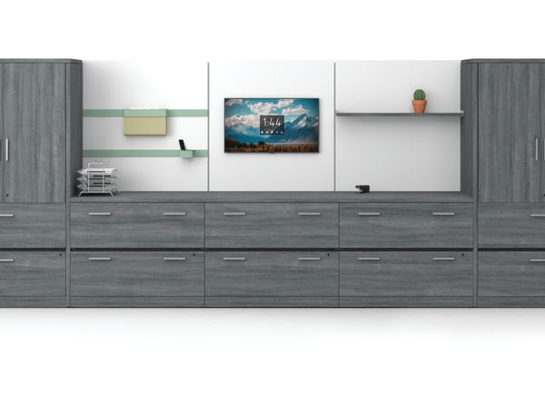 Grey 10500 Series storage wall with Workwall tiles