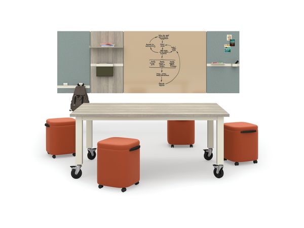 Preside Table with Astir poufs in open setting around Workwall tiles