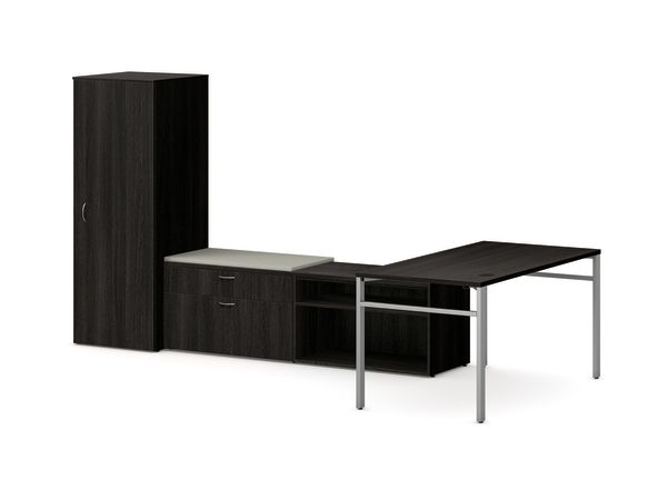 Mod L-Station Desk with Personal Storage Tower in Slate Teak with Silver Legs