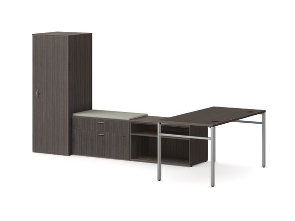 Mod L-Station Desk with Personal Storage Tower in Slate Teak with Silver Legs