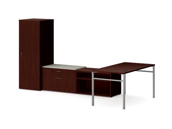 Mod L-Station Desk with Personal Storage Tower in Slate Teak with Silver Legs