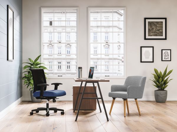 Mod Black a-leg desk in Sepia Walnut laminate with Convergence and Matter seating