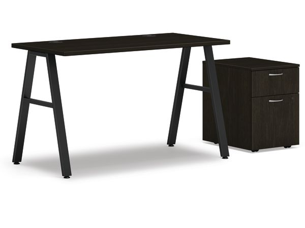 Mod table desk in Java Oak and Black a-legs with mobile pedestal