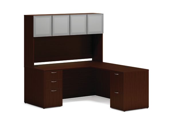 Mod double pedestal l-station with storage in Traditional Mahogany