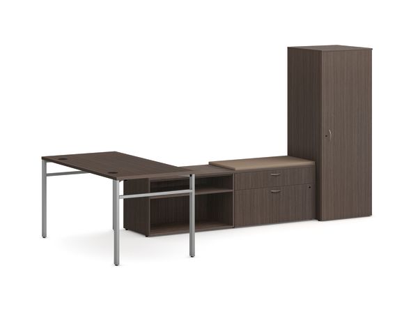 Mod L-Station Desk with Personal Storage Tower in Slate Teak with Silver Legs