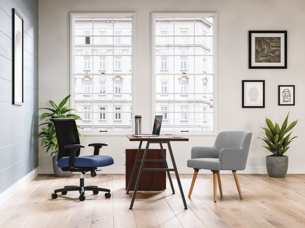 Mod Black a-leg desk in Traditional Mahogany laminate with Convergence and Matter seating