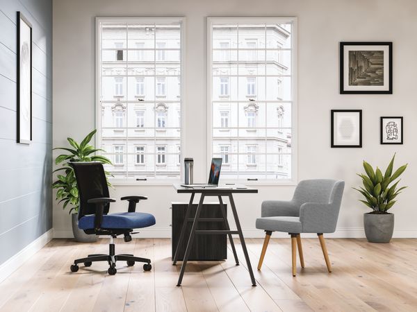 Mod Black a-leg desk in Java Oak laminate with Convergence and Matter seating
