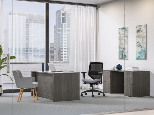 Mod executive desk in Sterling Ash with Solve and Matter seating
