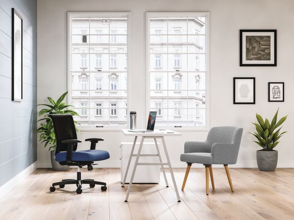 Mod Silver a-leg desk in Designer White laminate with Convergence and Matter seating