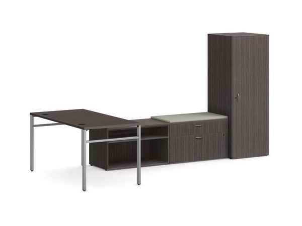 Mod L-Station Desk with Personal Storage Tower in Slate Teak with Silver Legs