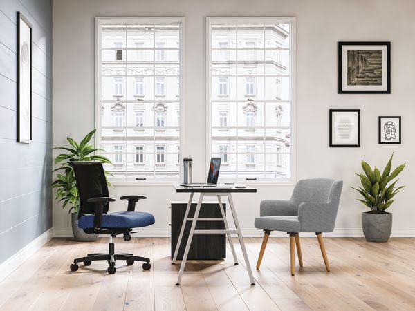 Mod Silver a-leg desk in Java Oak laminate with Convergence and Matter seating