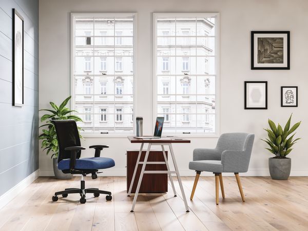 Mod Silver a-leg desk in Traditional Mahogany laminate with Convergence and Matter seating