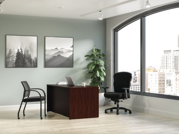 Mod desk in Traditional Mahogany with Wave big & tall chair and Ignition seating