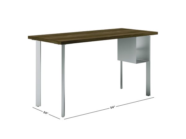 Florence walnut Coze table desk with silver post legs and undermount storage