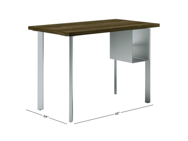 Florence walnut Coze table desk with silver post legs and undermount storage